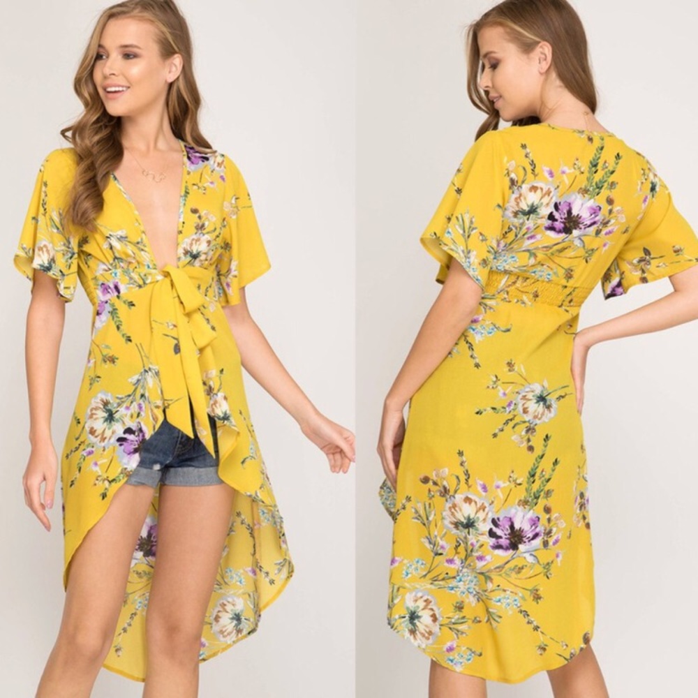 Boutique Yellow Floral Hi Low Duster Maxi Top Dress - Picture 2 of 9